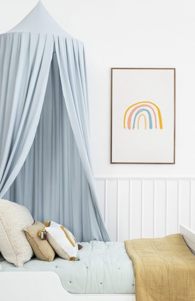 Cute Scandinavian kids room with blue canopy